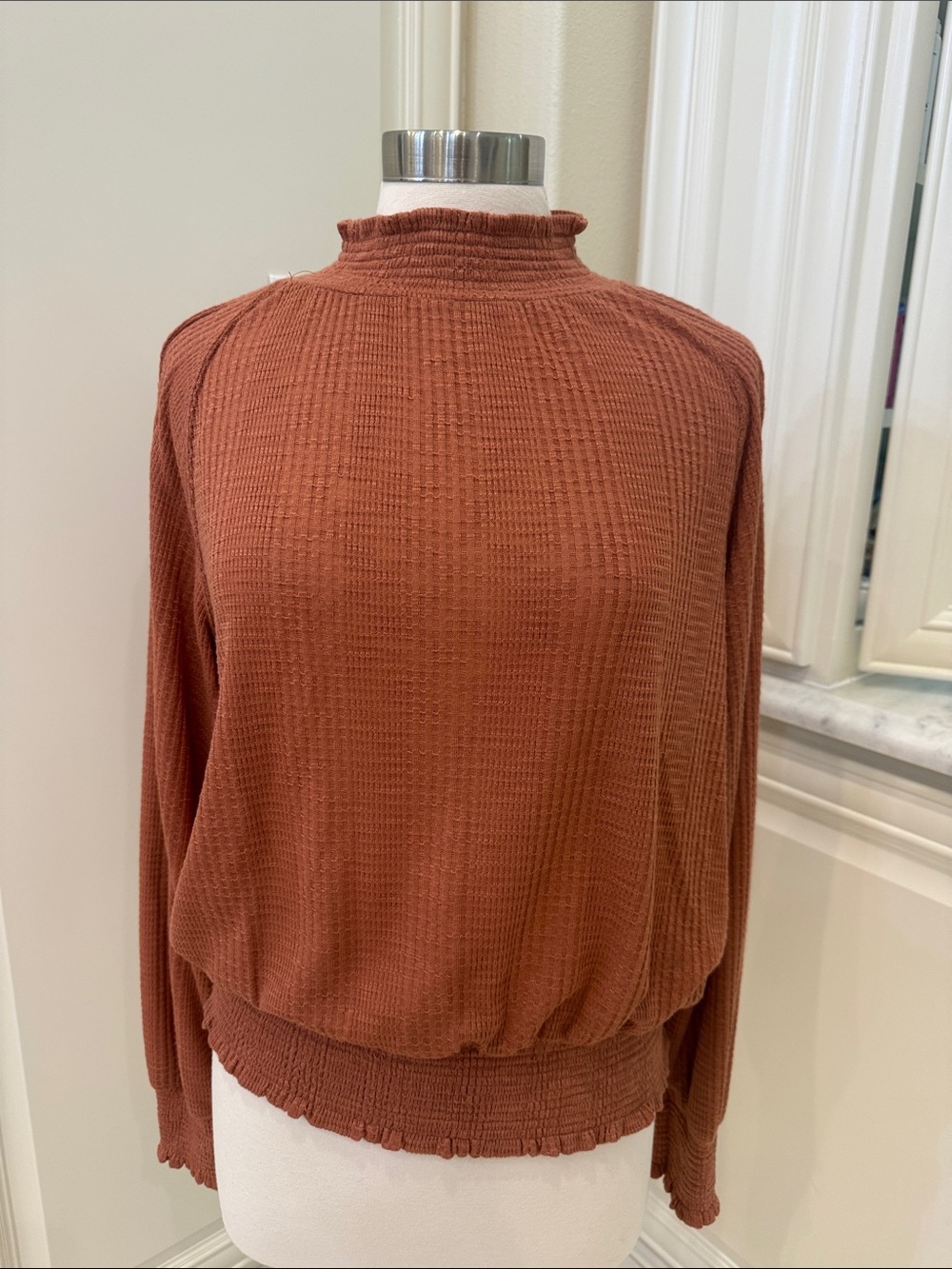 Free People Waffle-Knit Rust Mock Neck Sweater